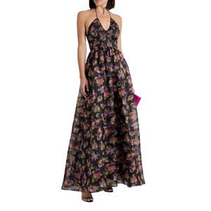 ALICE + OLIVIA SAORI MAGNOLIA FLORAL BLACK SILK MAXI PRINCESS GOWN SIZE 12 NWT
